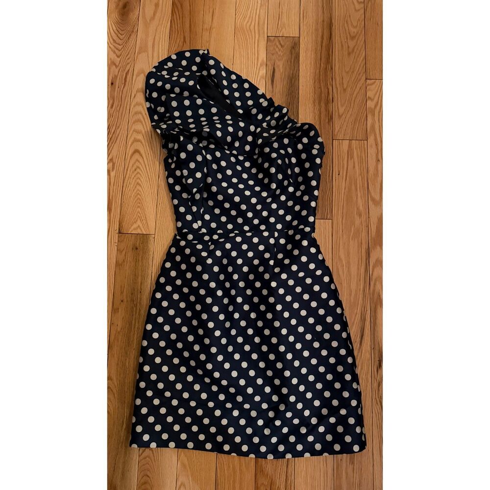 ML Monique Lhuillier Navy Polka Dot One Shoulder Ruffle Mini Dress Size 0